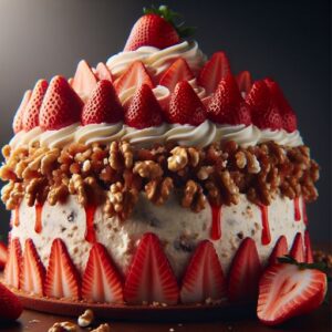 Pastel Mostachón Crujiente de Nuez con Crema Cubierto de Fresas